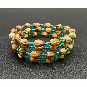 Glass Aqua Bead and Brown Seed Beaded Wire Wrap Around Bracelet
